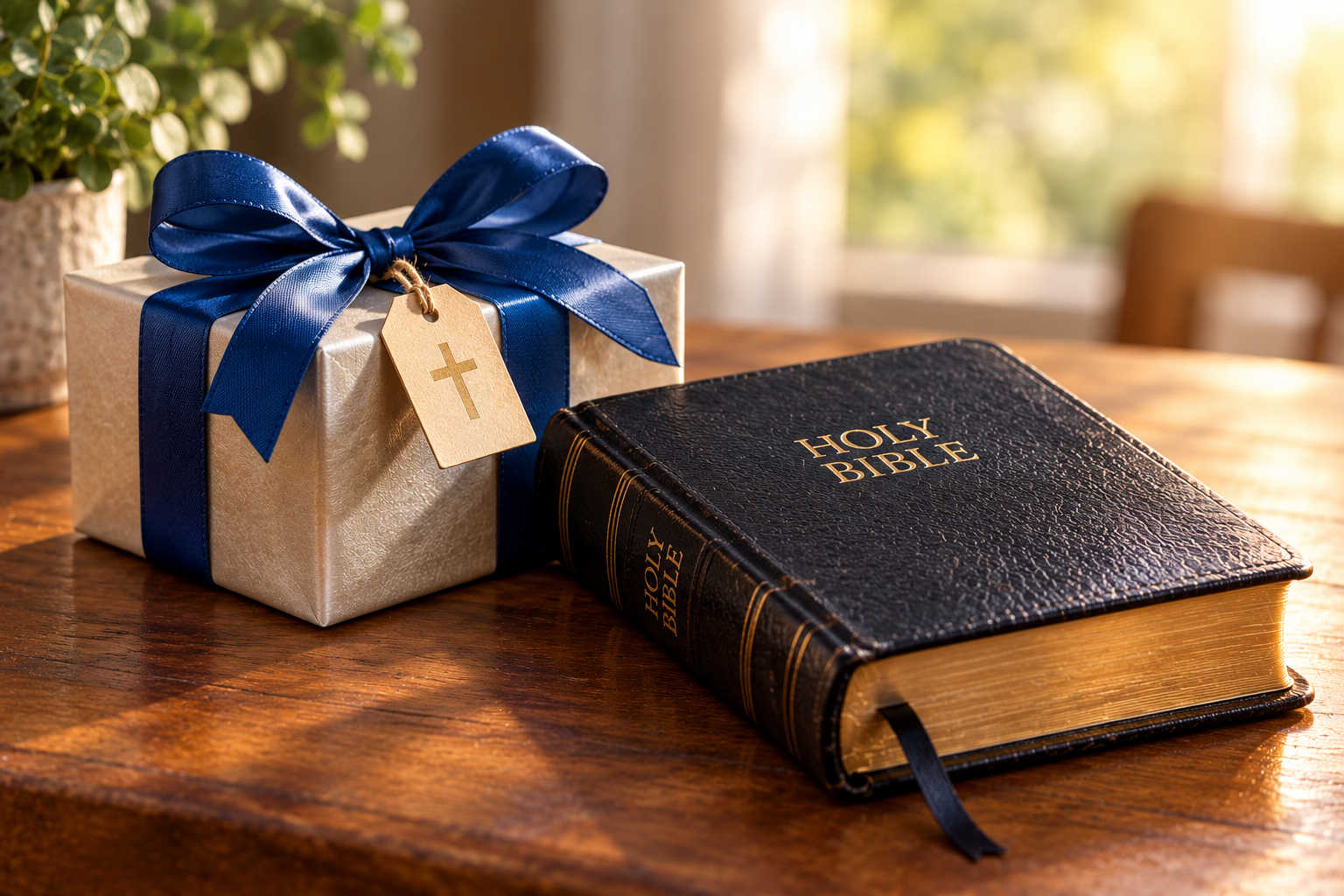 Bible and Blue-Ribbon Gift